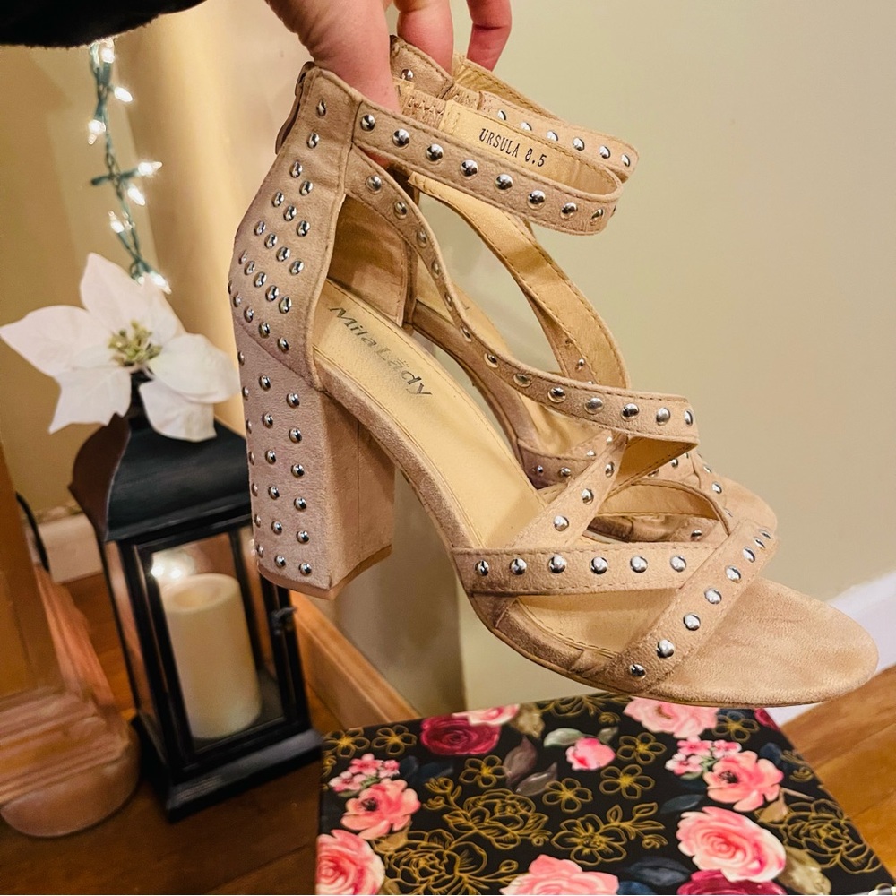 Nude suede and silver Studded suede strappy block heal sandals